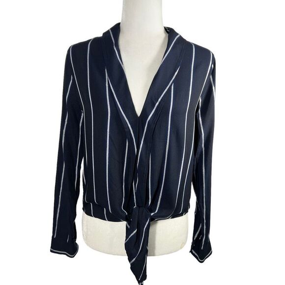 Rails Long Sleeve Blouse Small Stripe Navy Blue & White Ava style tie front - Picture 1 of 13